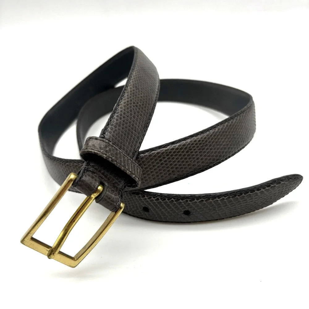 Vintage 80s Alfani Gray Genuine Lizard Leather Brass Buckle Dress Belt 36 34-38